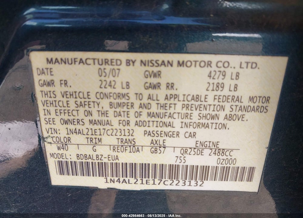 2007 NISSAN ALTIMA VIN: 1N4AL21E17C223132