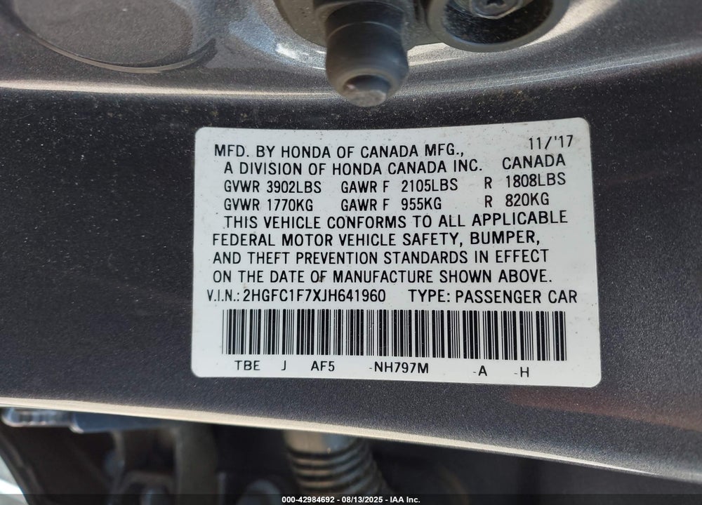 2018 HONDA CIVIC EX-L VIN: 2HGFC1F7XJH641960
