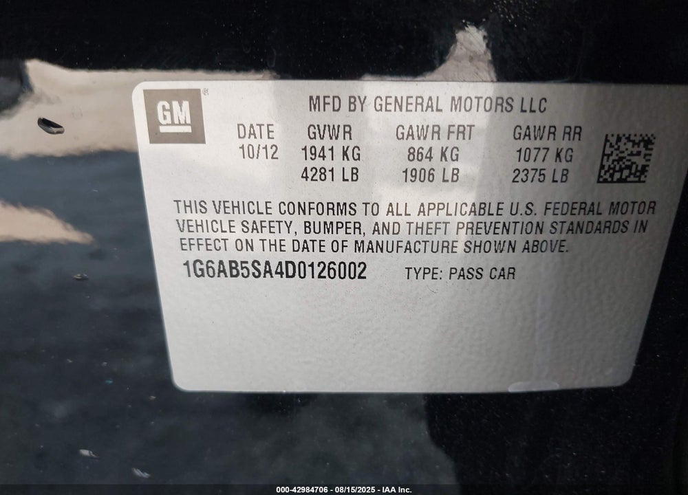 2013 CADILLAC ATS LUXURY VIN: 1G6AB5SA4D0126002