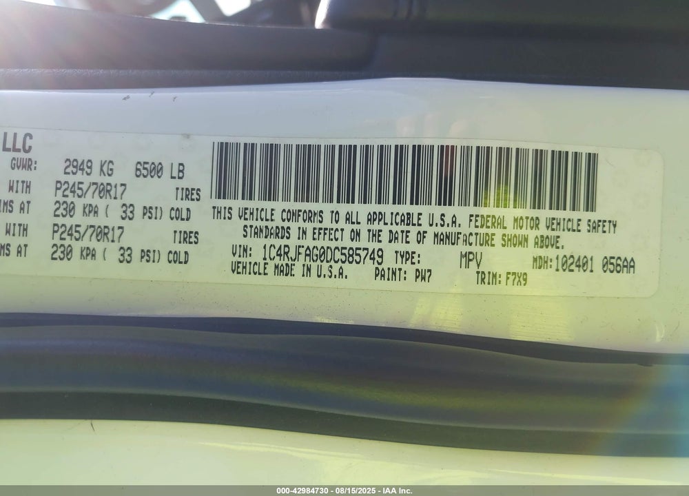 2013 JEEP GRAND CHEROKEE VIN: 1C4RJFAG0DC585749