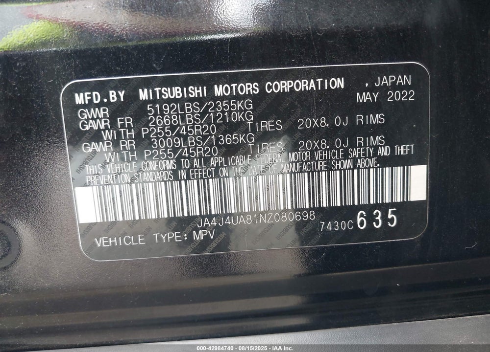 2022 MITSUBISHI OUTLANDER VIN: JA4J4UA81NZ080698
