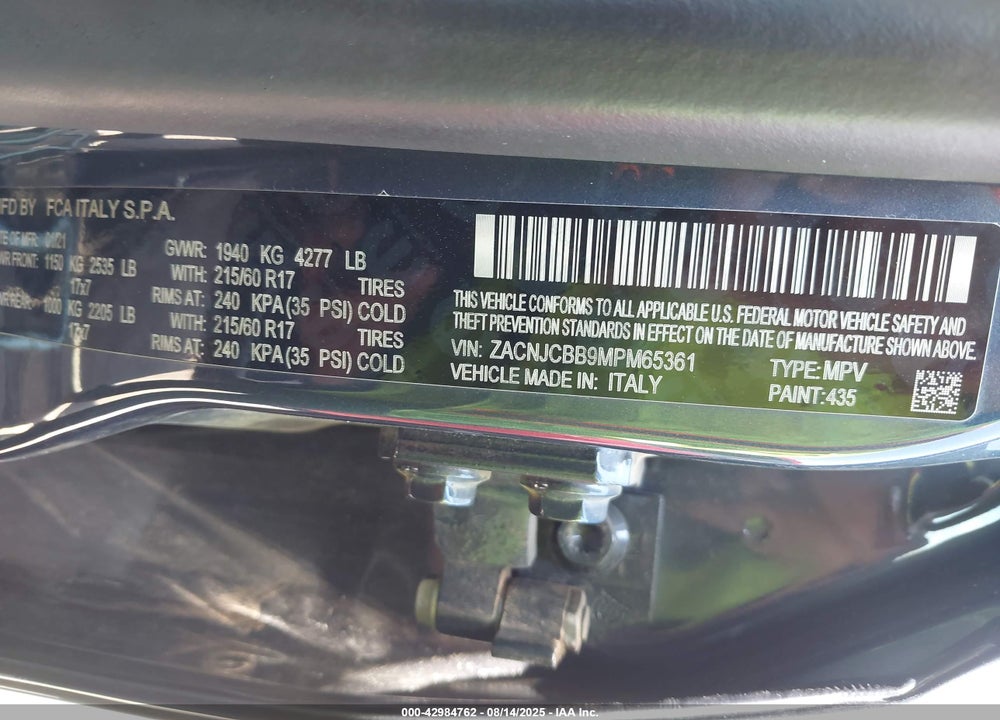 2021 JEEP RENEGADE LATITUDE FWD VIN: ZACNJCBB9MPM65361