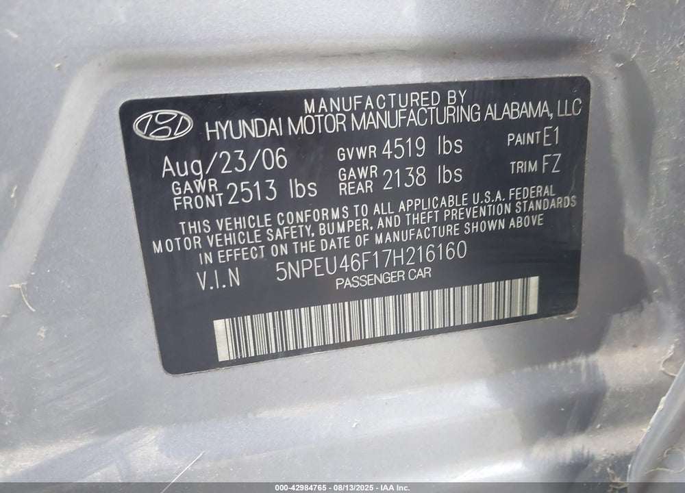 2007 HYUNDAI SONATA VIN: 5NPEU46F17H216160