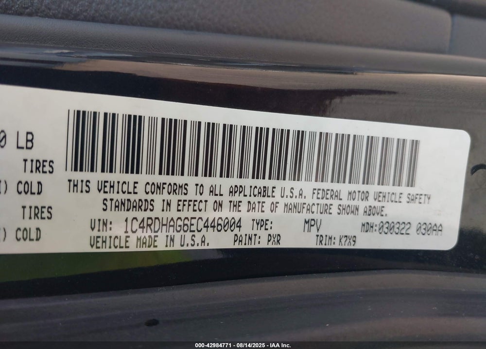 2014 DODGE DURANGO VIN: 1C4RDHAG6EC446004