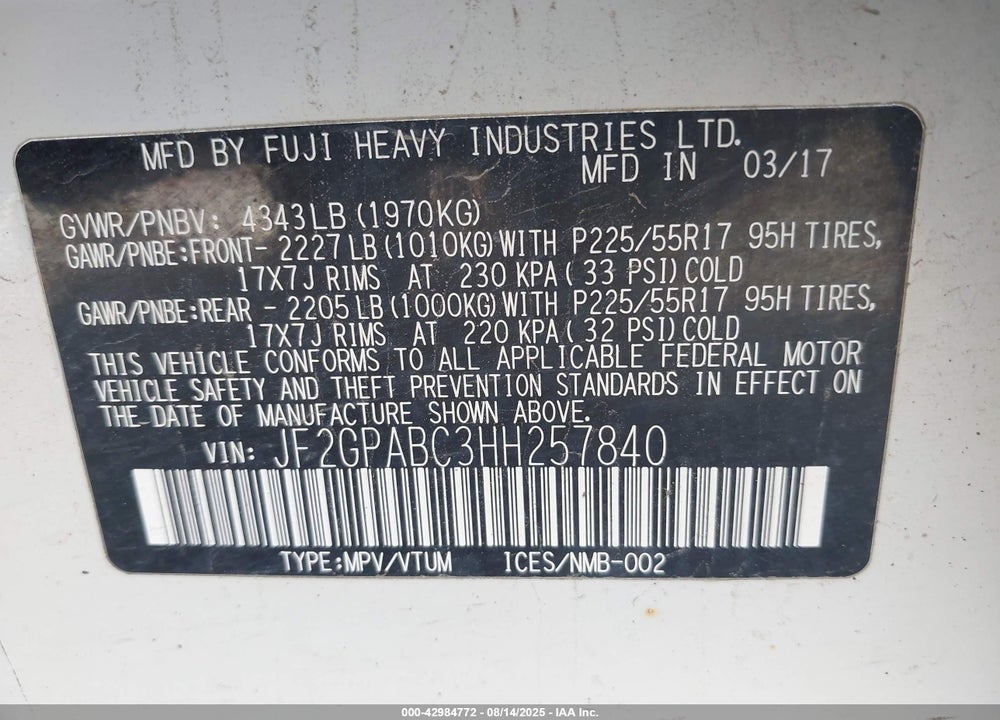 2017 SUBARU CROSSTREK VIN: JF2GPABC3HH257840