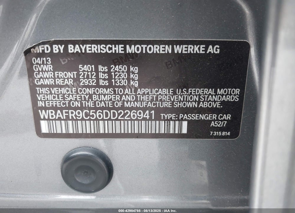 2013 BMW 550I VIN: WBAFR9C56DD226941