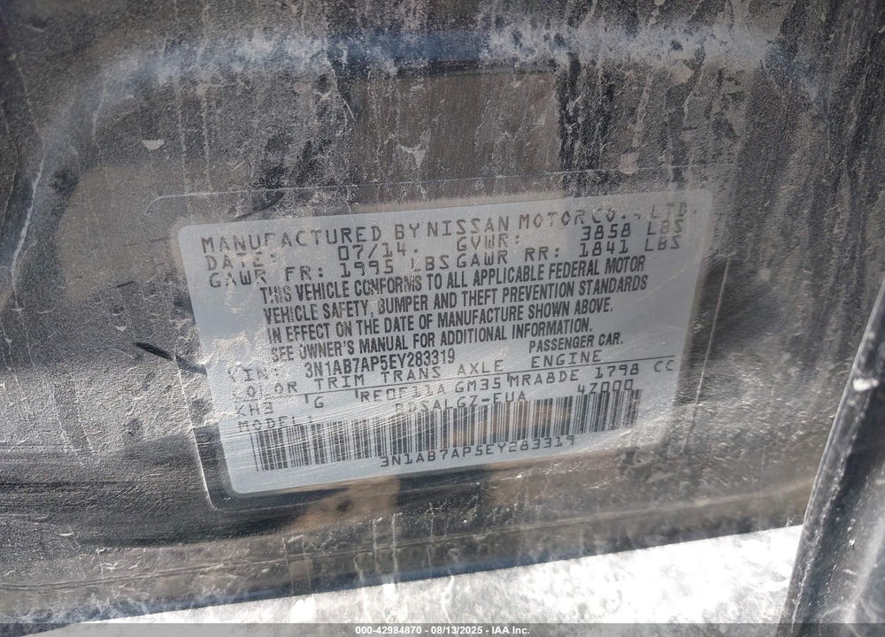 2014 NISSAN SENTRA SL VIN: 3N1AB7AP5EY283319