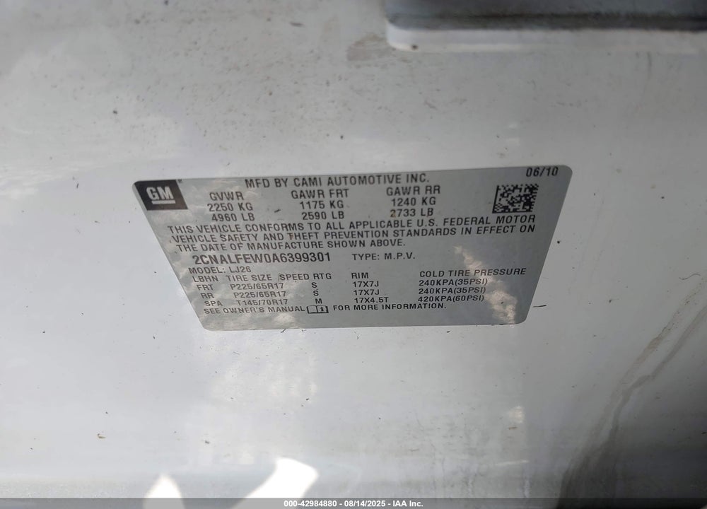 2010 CHEVROLET EQUINOX LTZ VIN: 2CNALFEW0A6399301