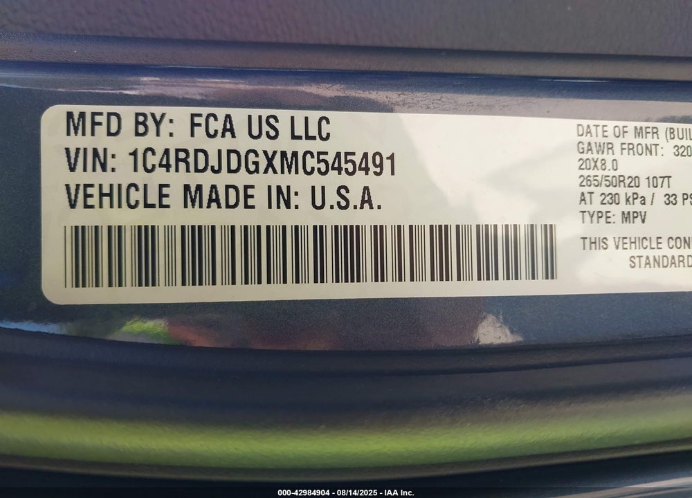 2021 DODGE DURANGO VIN: 1C4RDJDGXMC545491