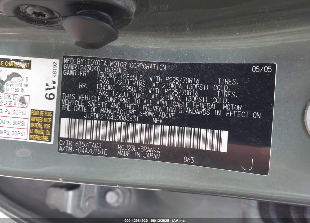 2005 TOYOTA HIGHLANDER V6 VIN: JTEDP21A450083631