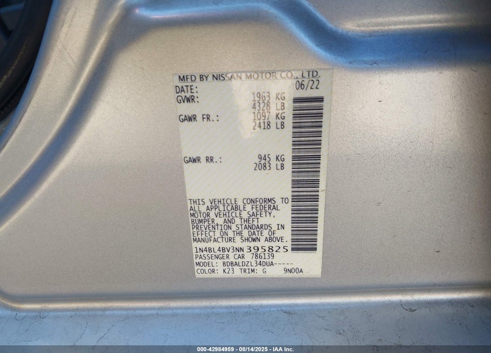 2022 NISSAN ALTIMA VIN: 1N4BL4BV3NN395825