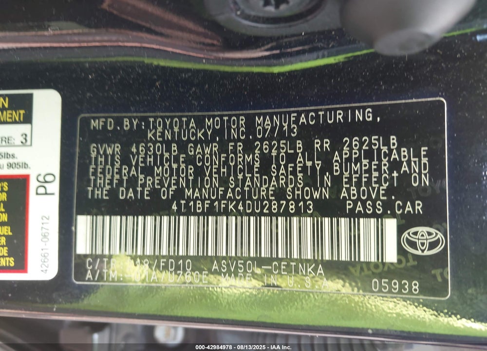 2013 TOYOTA CAMRY LE VIN: 4T1BF1FK4DU287813