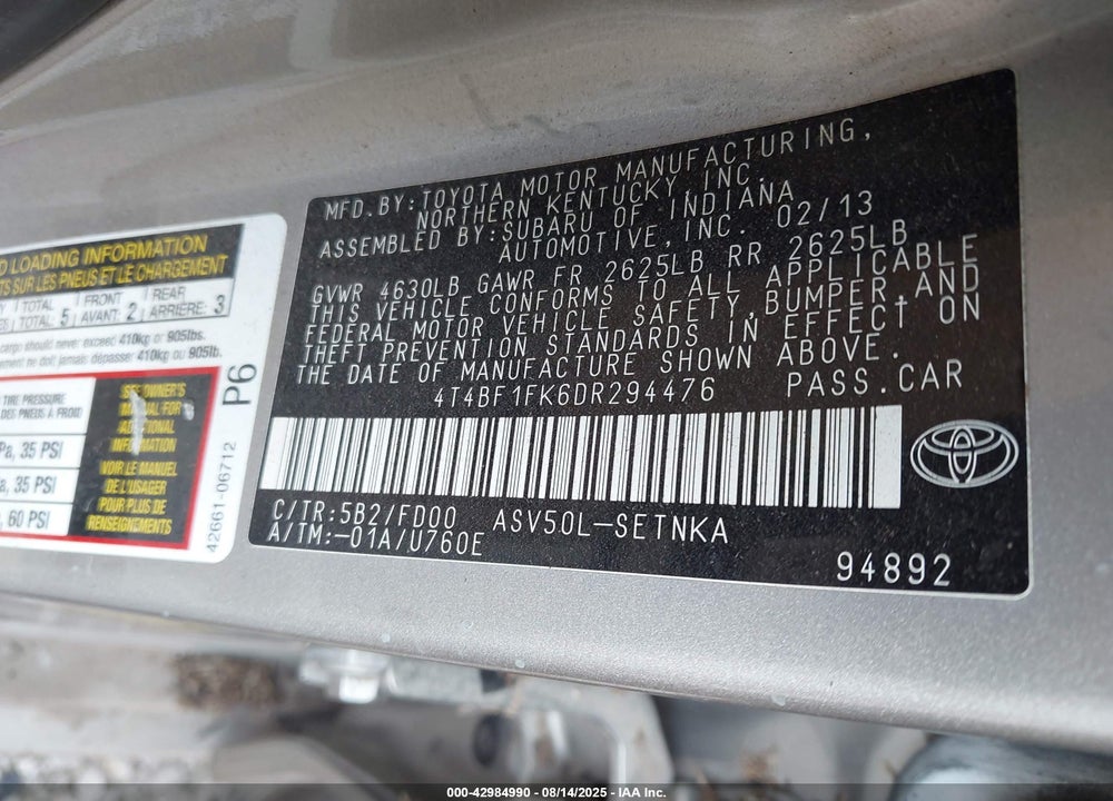 2013 TOYOTA CAMRY LE VIN: 4T4BF1FK6DR294476