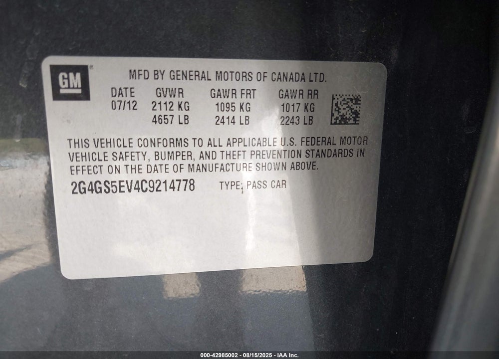 2012 BUICK REGAL TURBO PREMIUM 1 VIN: 2G4GS5EV4C9214778