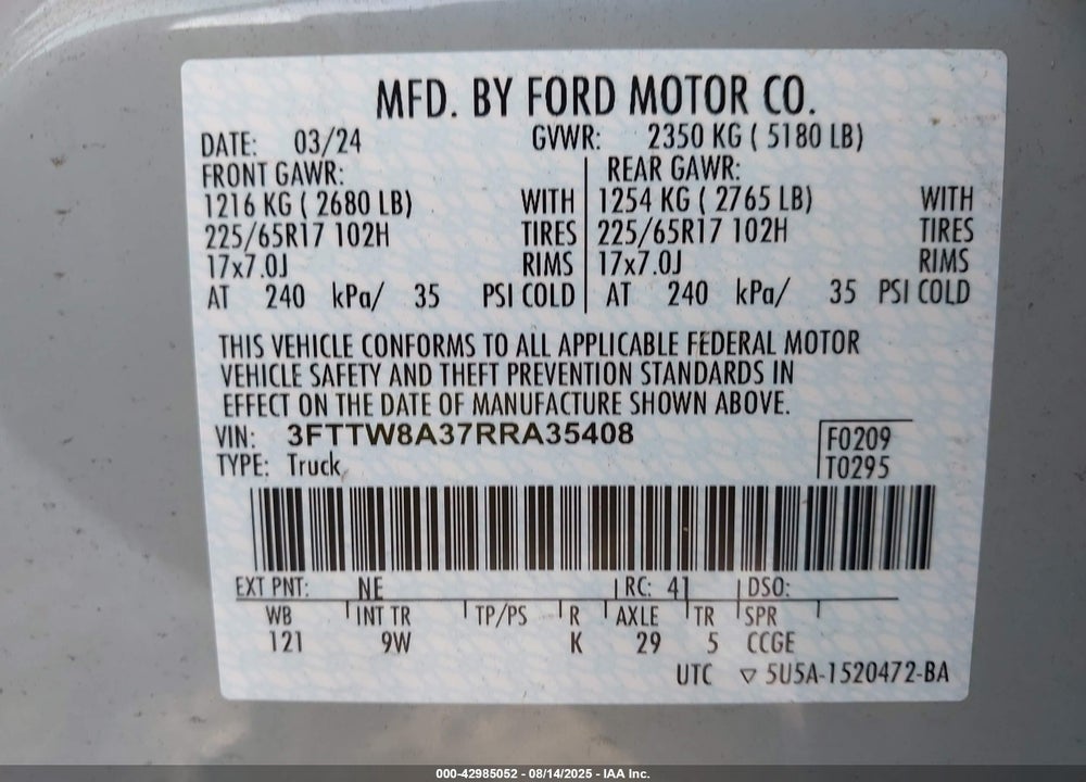 2024 FORD MAVERICK VIN: 3FTTW8A37RRA35408