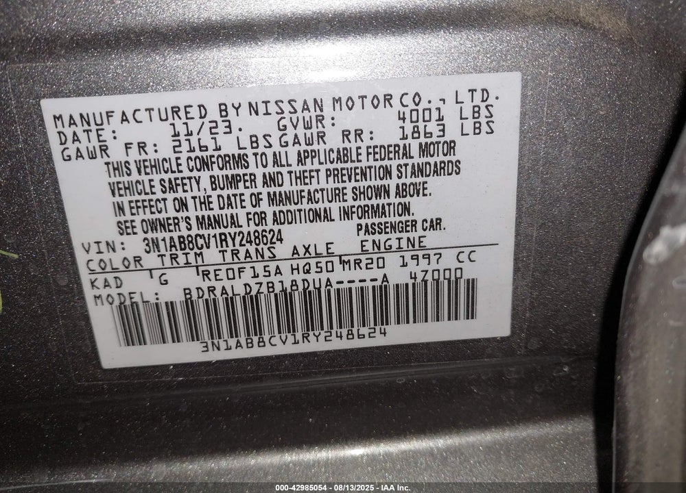 2024 NISSAN SENTRA VIN: 3N1AB8CV1RY248624