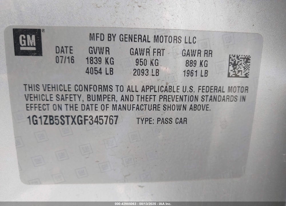 2016 CHEVROLET MALIBU VIN: 1G1ZB5STXGF345767