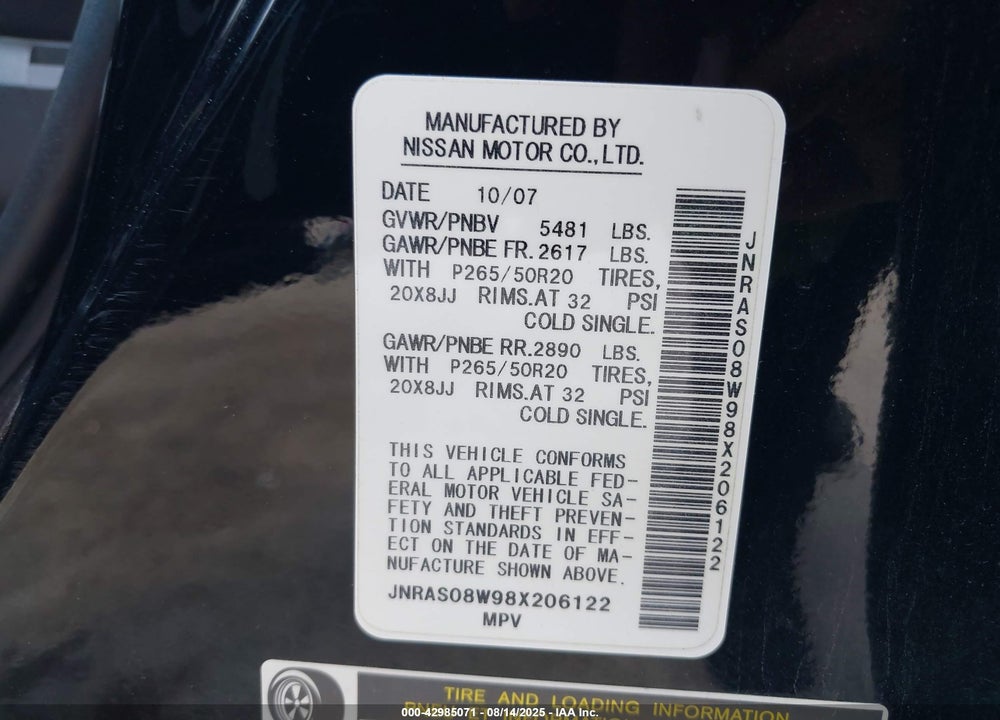 2008 INFINITI FX35 VIN: JNRAS08W98X206122