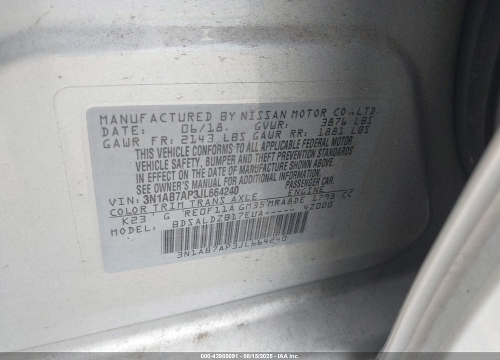 2018 NISSAN SENTRA SV VIN: 3N1AB7AP3JL664240
