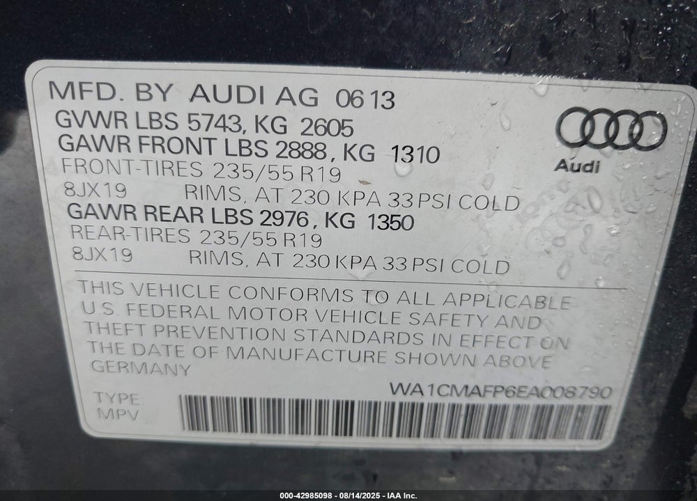 2014 AUDI Q5 VIN: WA1CMAFP6EA008790