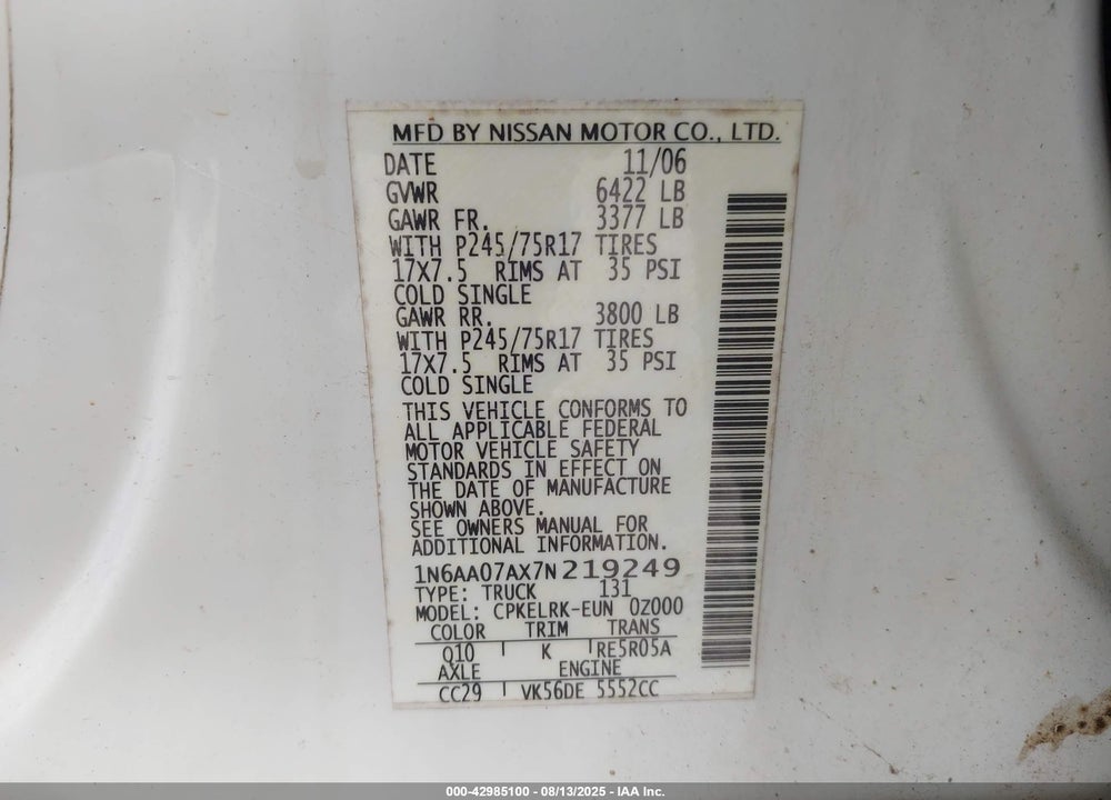 2007 NISSAN TITAN XE VIN: 1N6AA07AX7N219249