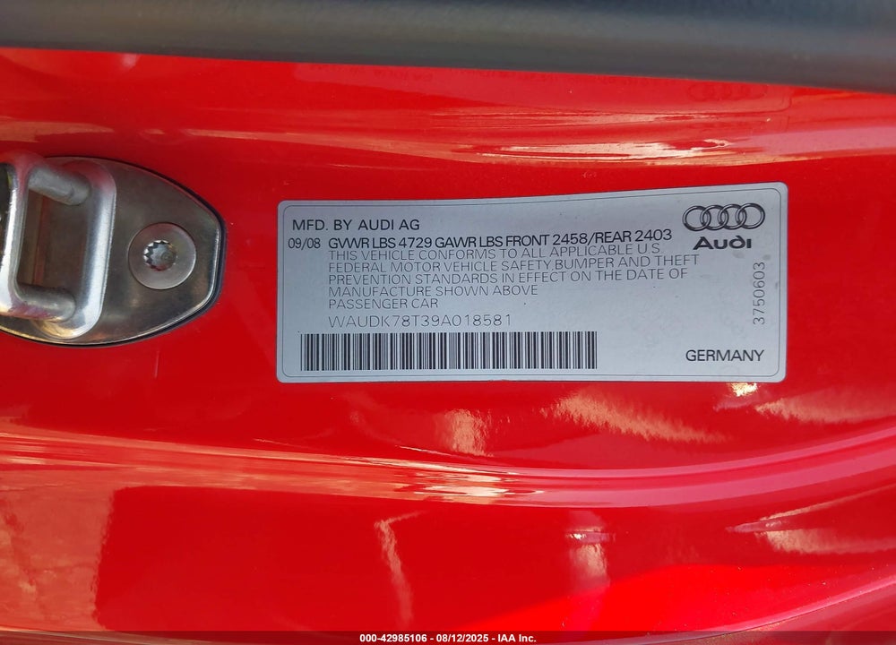 2009 AUDI A5 VIN: WAUDK78T39A018581