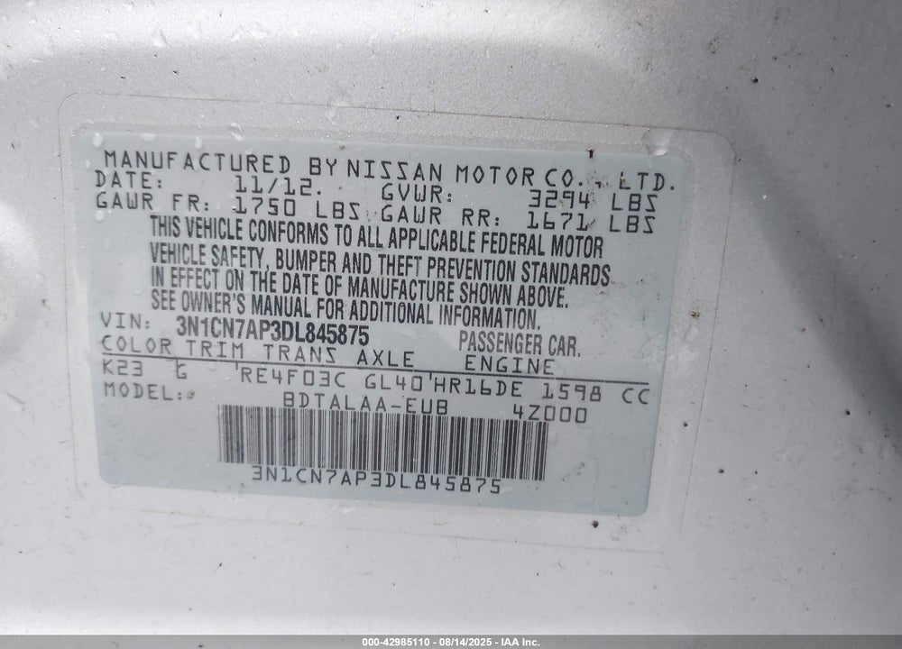 2013 NISSAN VERSA VIN: 3N1CN7AP3DL845875