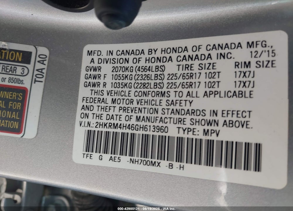 2016 HONDA CR-V VIN: 2HKRM4H46GH613960