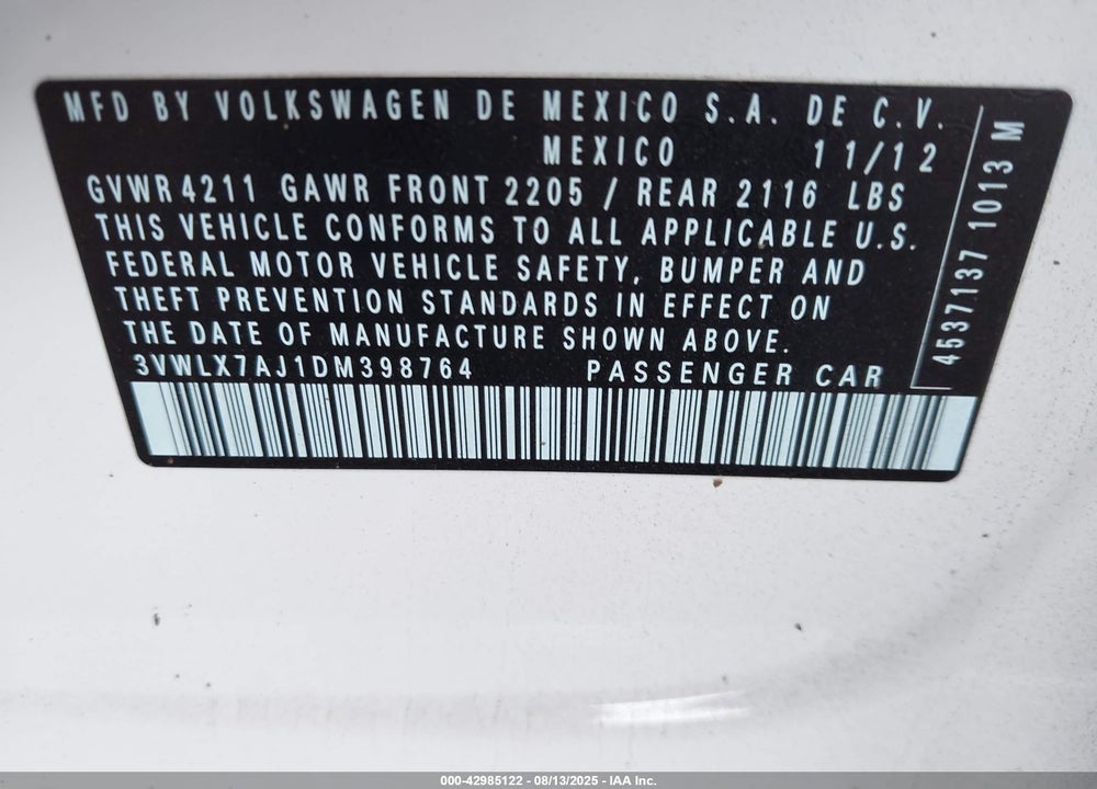 2013 VOLKSWAGEN JETTA VIN: 3VWLX7AJ1DM398764