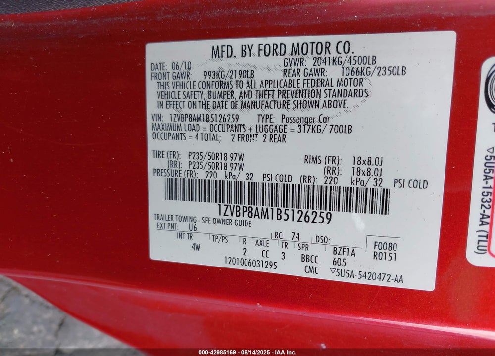 2011 FORD MUSTANG VIN: 1ZVBP8AM1B5126259