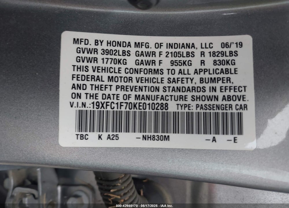 2019 HONDA CIVIC VIN: 19XFC1F70KE010288
