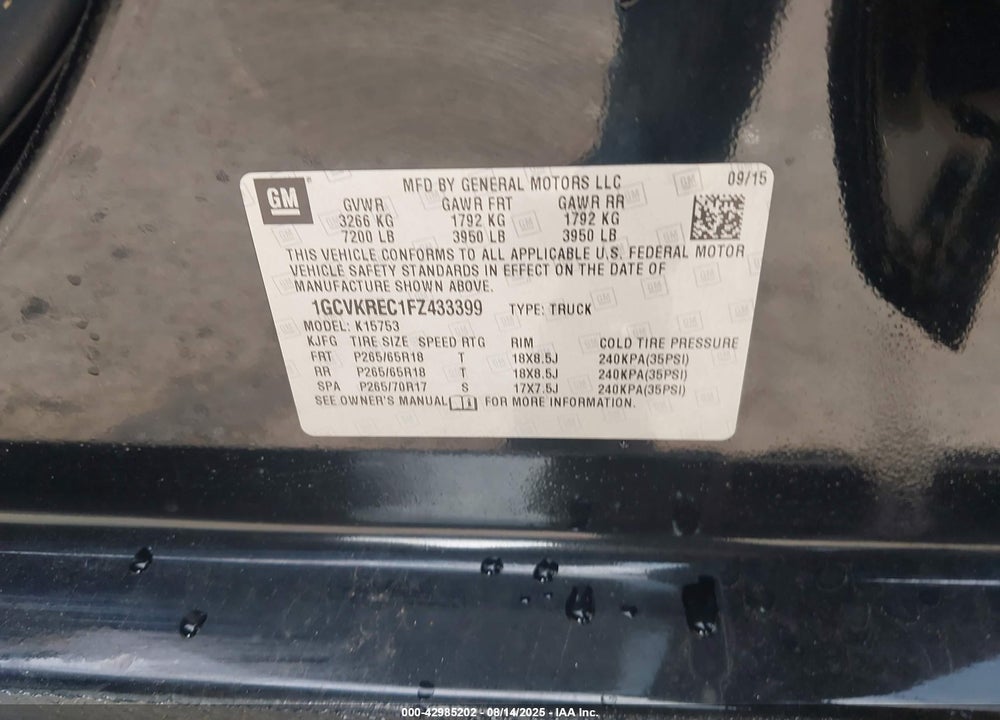 2015 CHEVROLET SILVERADO 1500 VIN: 1GCVKREC1FZ433399