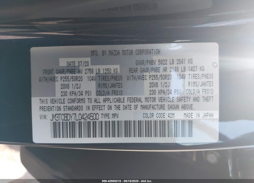 2020 MAZDA CX-9 VIN: JM3TCBDY7L0424500