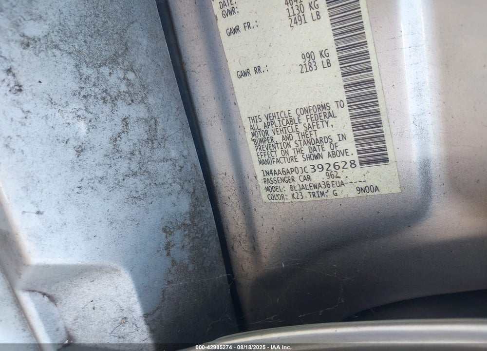2018 NISSAN MAXIMA VIN: 1N4AA6AP0JC392628