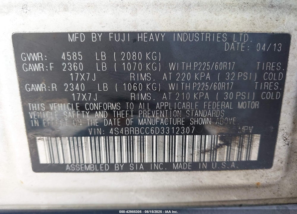 2013 SUBARU OUTBACK VIN: 4S4BRBCC6D3312307