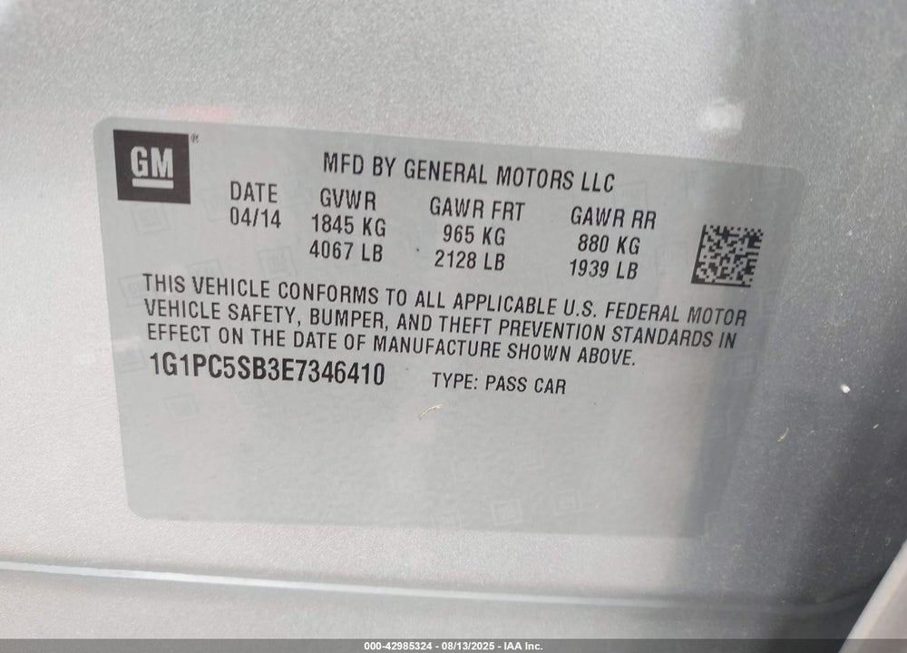 2014 CHEVROLET CRUZE VIN: 1G1PC5SB3E7346410