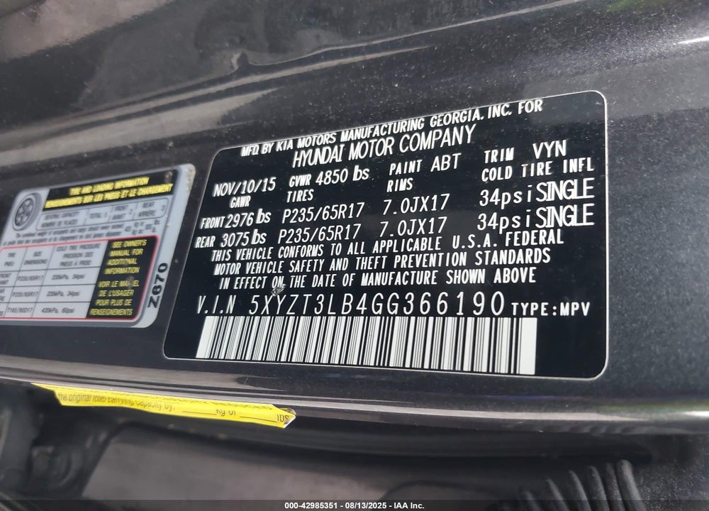 2016 HYUNDAI SANTA FE VIN: 5XYZT3LB4GG366190