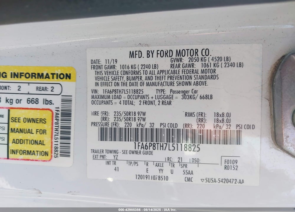 2020 FORD MUSTANG VIN: 1FA6P8TH7L5118825