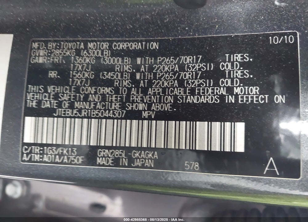 2011 TOYOTA 4RUNNER VIN: JTEBU5JR1B5044307