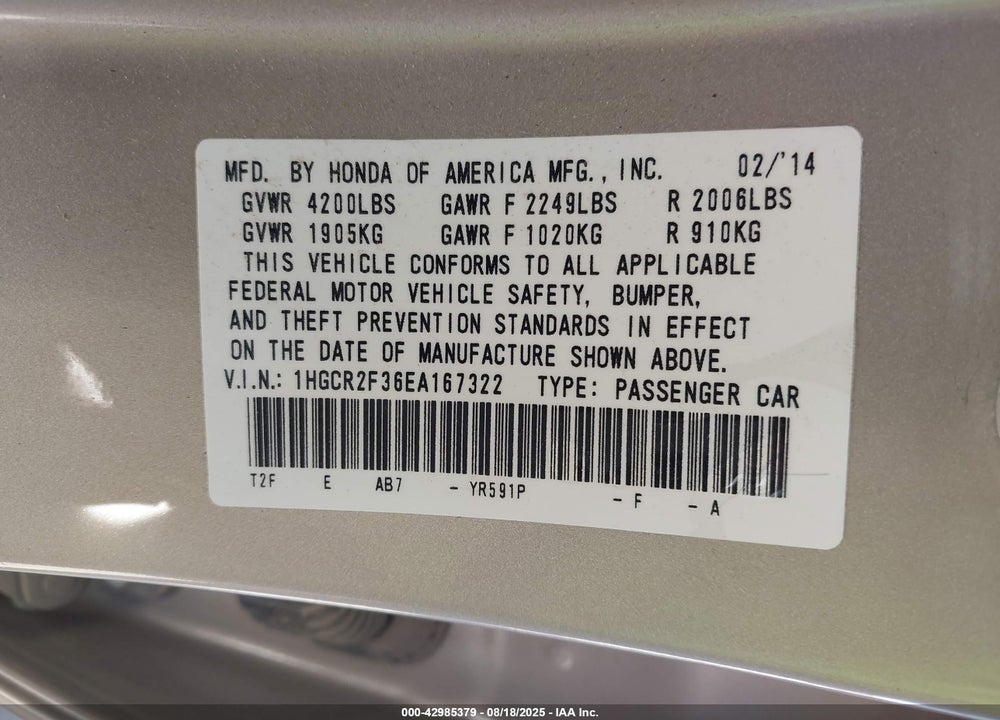 2014 HONDA ACCORD LX VIN: 1HGCR2F36EA167322