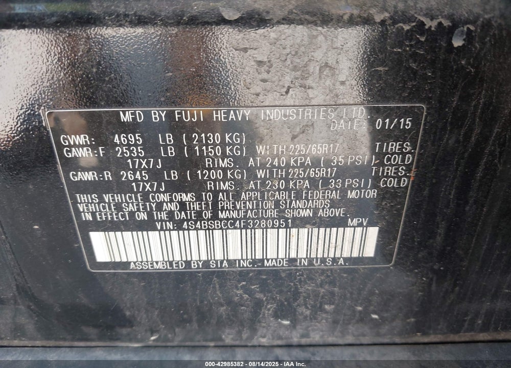 2015 SUBARU OUTBACK VIN: 4S4BSBCC4F3280951