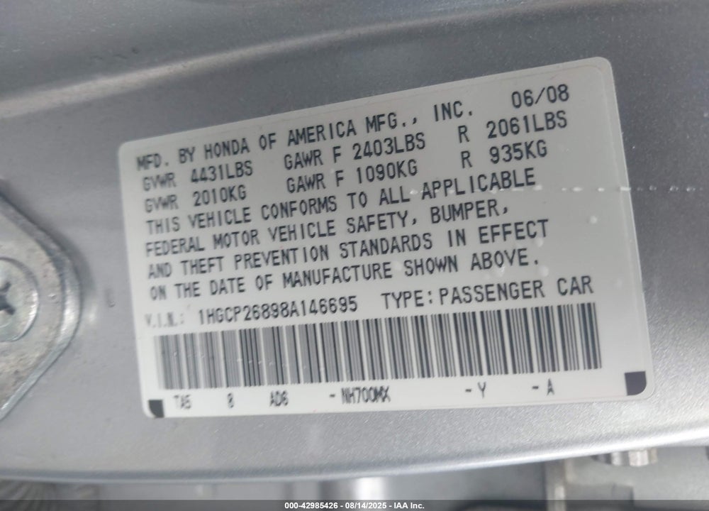 2008 HONDA ACCORD 2.4 EX-L VIN: 1HGCP26898A146695
