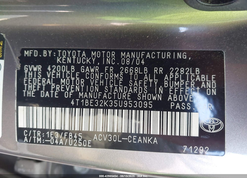2005 TOYOTA CAMRY LE VIN: 4T1BE32K35U953095