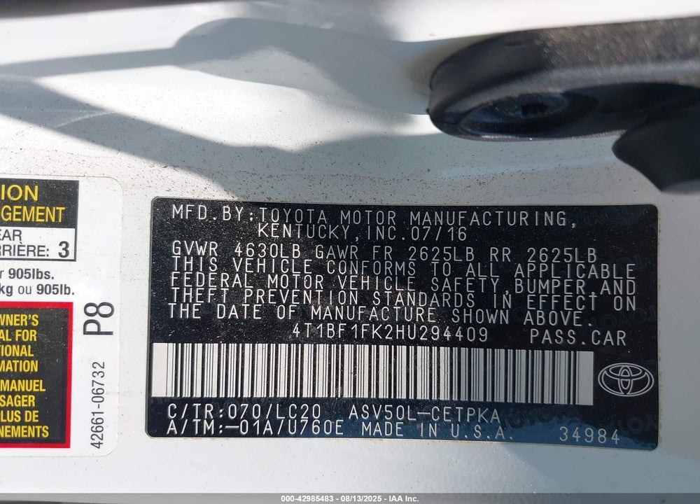 2017 TOYOTA CAMRY XSE VIN: 4T1BF1FK2HU294409