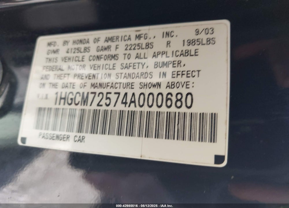 2004 HONDA ACCORD 2.4 EX VIN: 1HGCM72574A000680