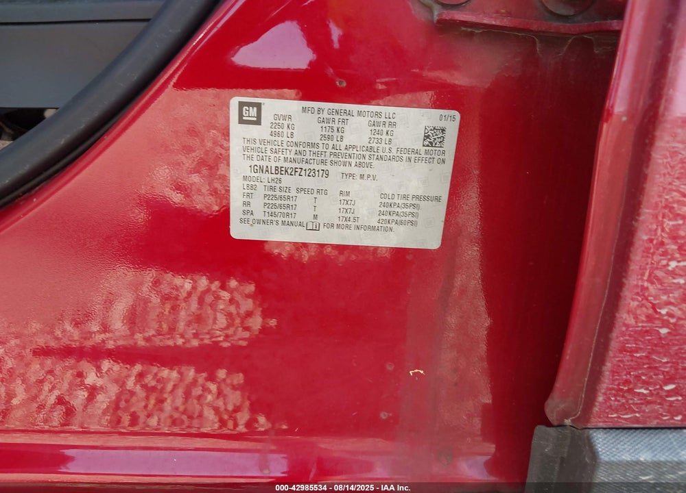 2015 CHEVROLET EQUINOX 1LT VIN: 1GNALBEK2FZ123179