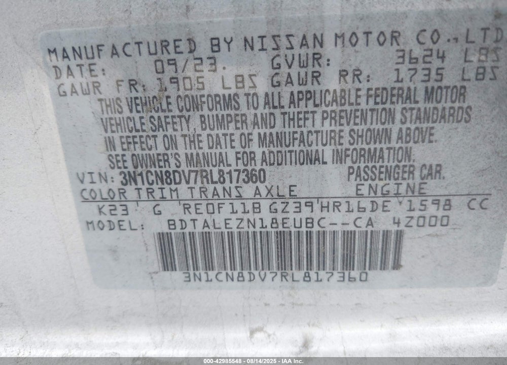 2024 NISSAN VERSA 1.6 S+ VIN: 3N1CN8DV7RL817360