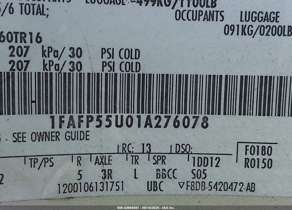 2001 FORD TAURUS SES VIN: 1FAFP55U01A276078