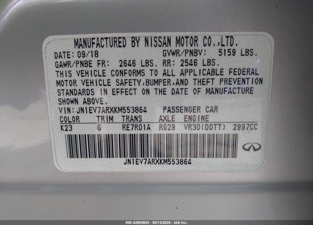 2019 INFINITI Q50 VIN: JN1EV7ARXKM553864