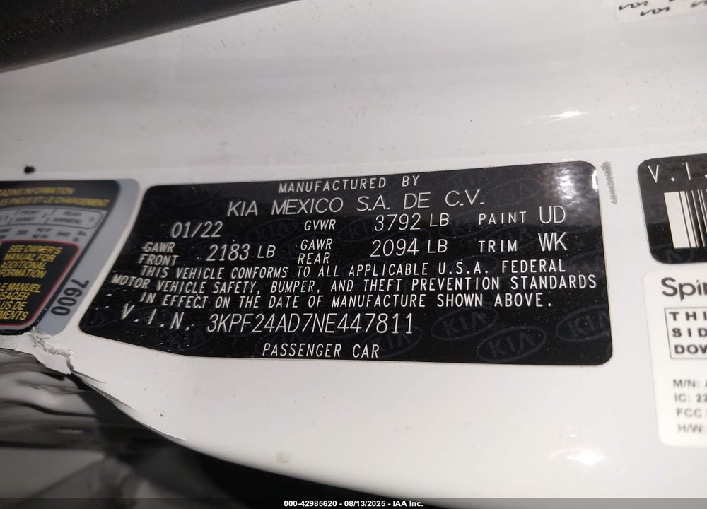2022 KIA FORTE VIN: 3KPF24AD7NE447811